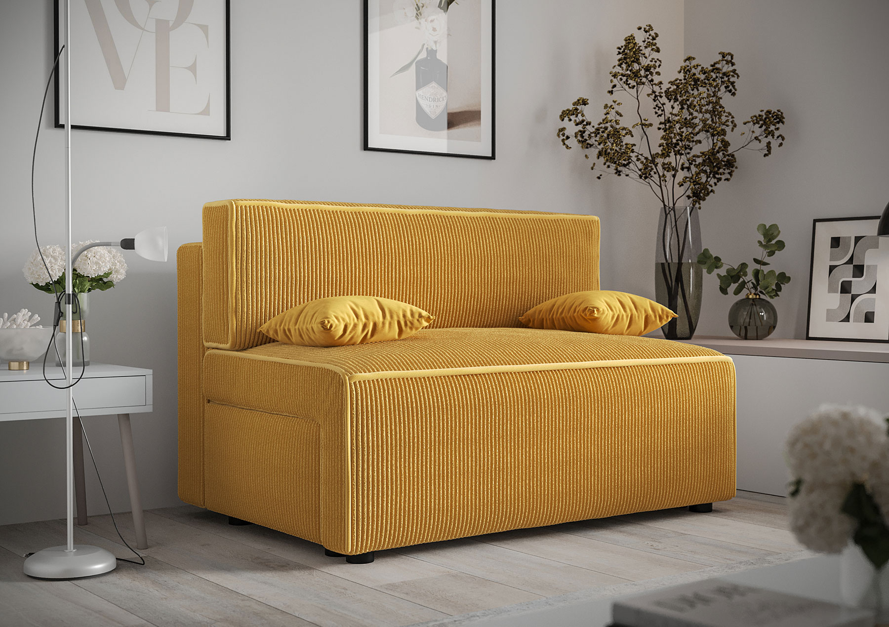 Wizualizacja wnętrza z musztardową sofą Lunarox