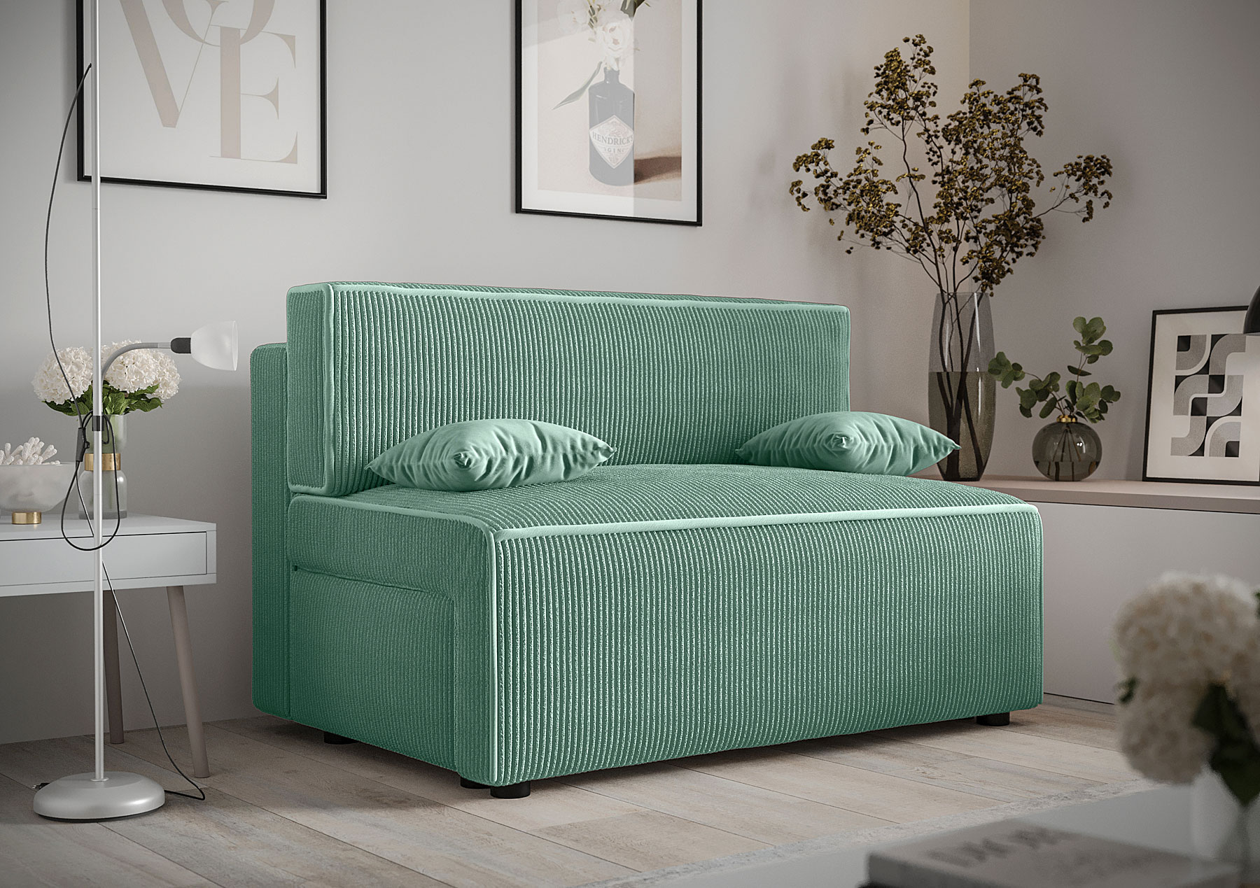 Wizualizacja wnętrza z miętową sofą Lunarox