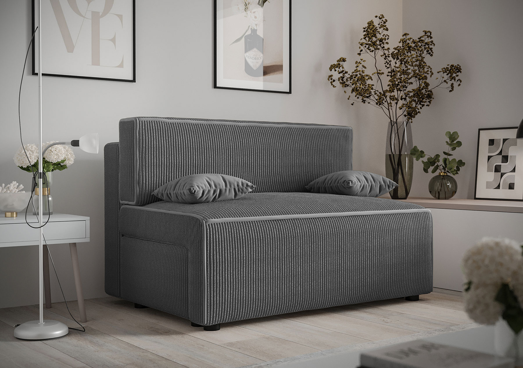 Wizualizacja wnętrza z cimnoszarą sofą Lunarox