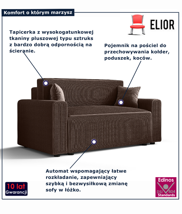 Tapicerowana rozkładana sofa w kolorze brązowym Tivaro