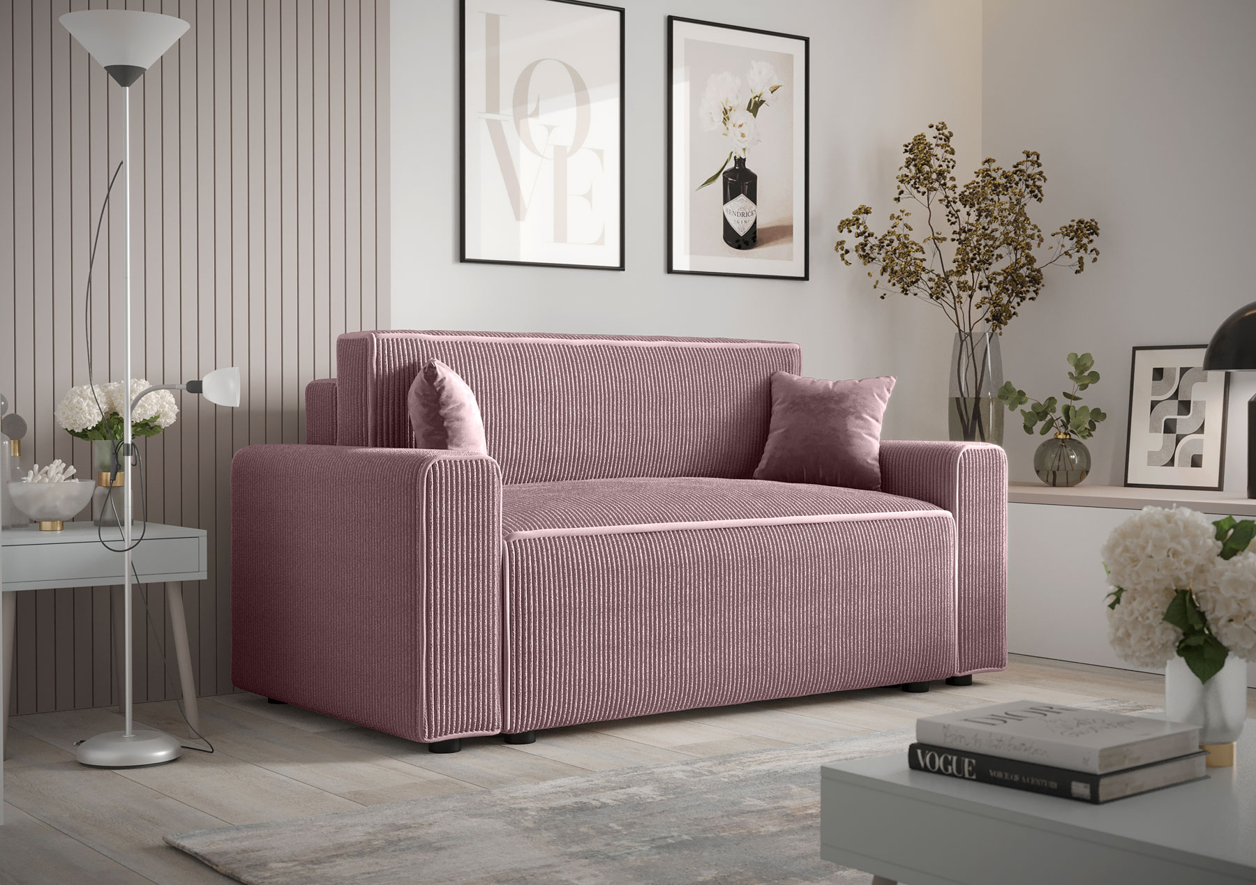 Wizualizacja wnętrza z różową sofą Tivaro