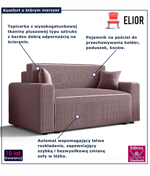 Tapicerowana rozkładana sofa w kolorze różowym Tivaro