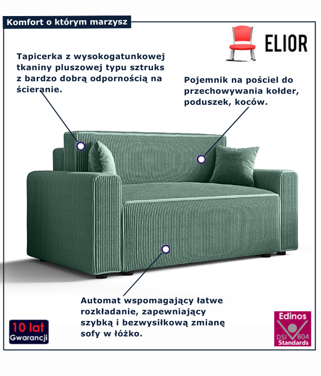 Tapicerowana rozkładana sofa w kolorze miętowym Tivaro