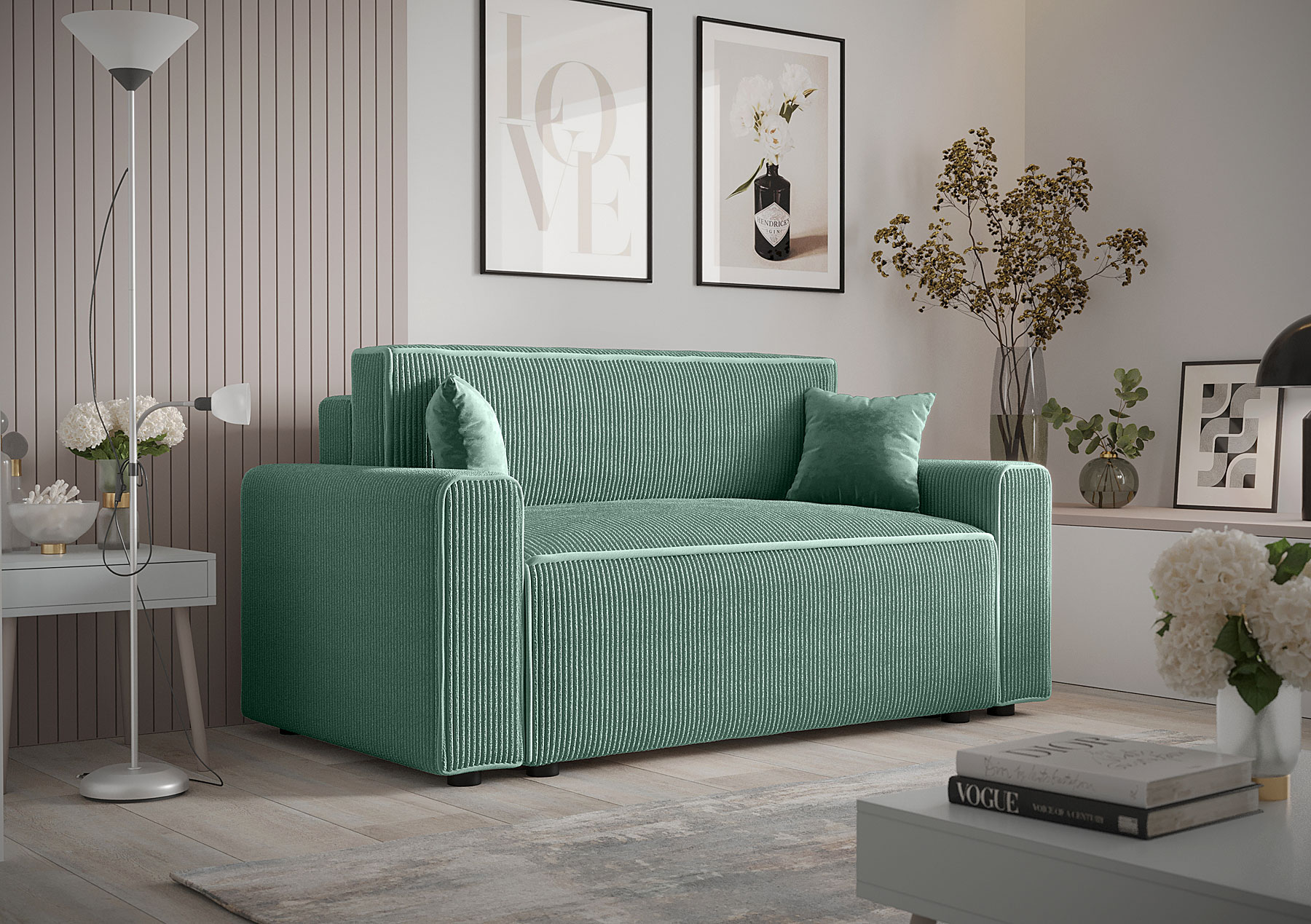 Wizualizacja wnętrza z miętową sofą Tivaro