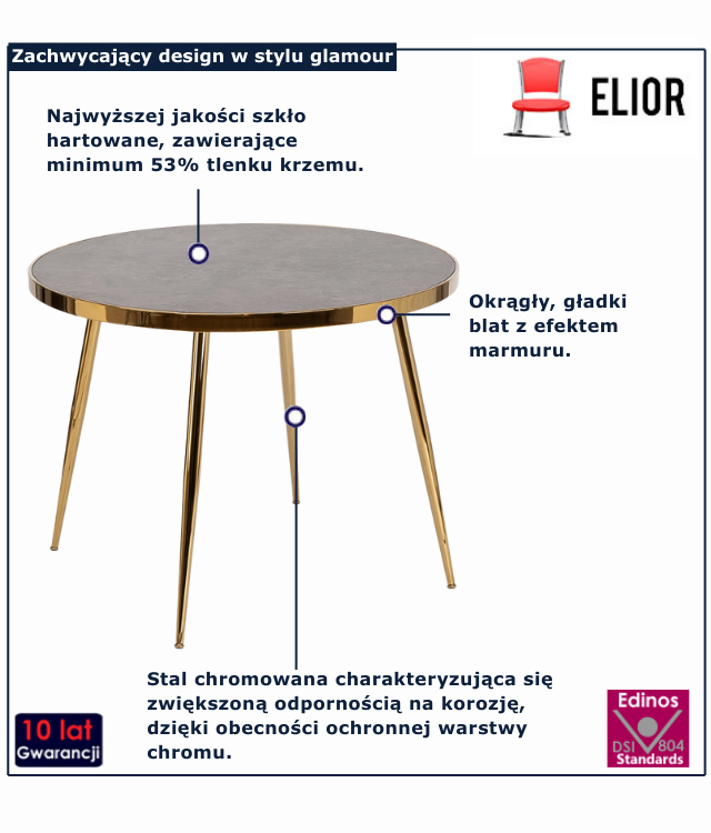 Okrągły stół z czarnym marmurowym blatem na złotych nogach Refli