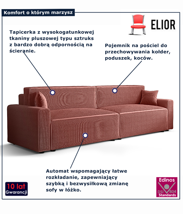 Tapicerowana rozkładana sofa w kolorze łososiowym Almoria