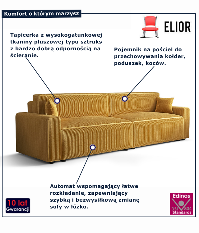 Tapicerowana rozkładana sofa w kolorze musztardowym Almoria