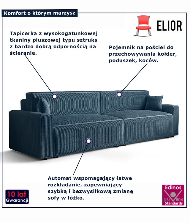 Tapicerowana rozkładana sofa w kolorze niebieskim Almoria