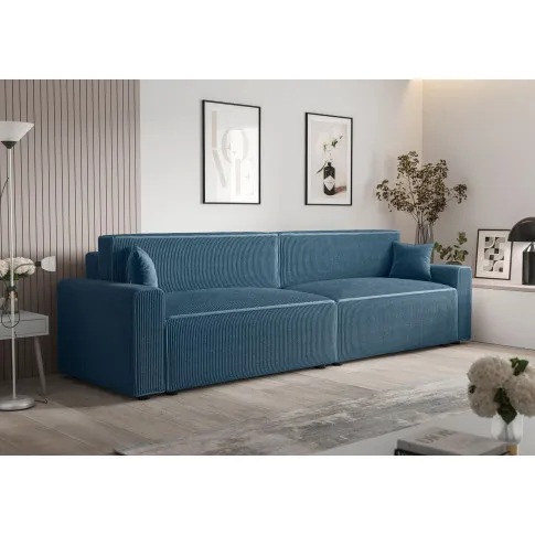 Wizualizacja wnętrza z rozkładaną niebieską sofą Almoria