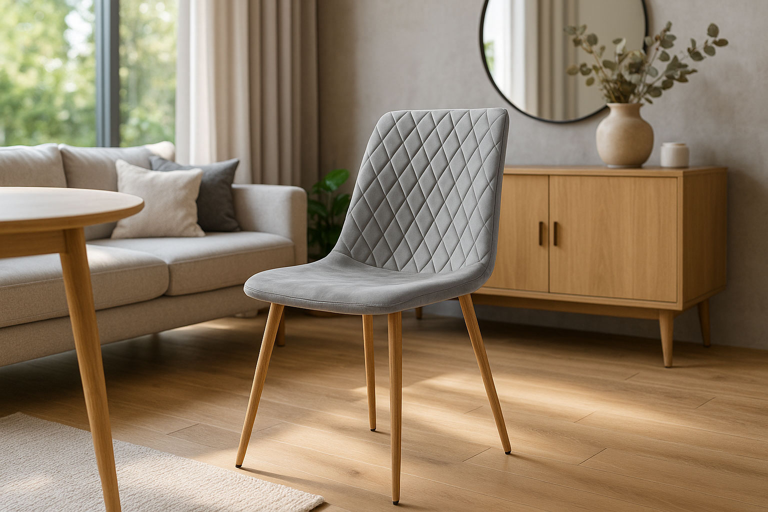 Wnętrze z jasnoszarym krzesłem z kompletu krzeseł Orinos 3S