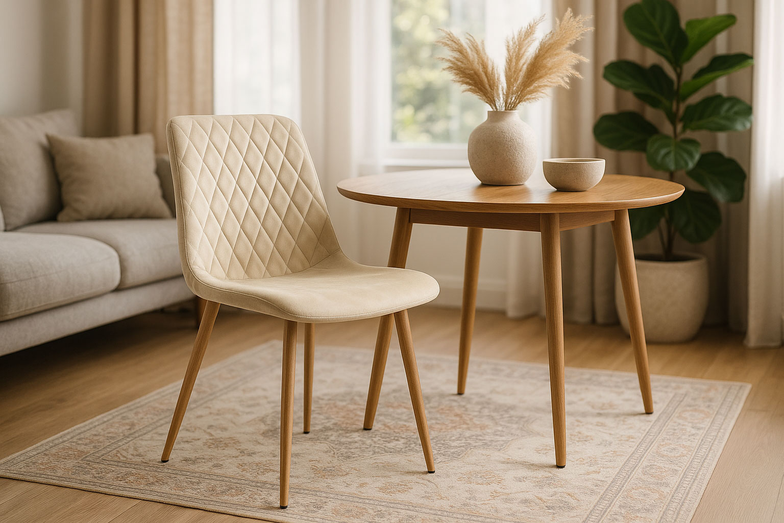 Wnętrze jasnobeżowym krzesłem tapicerowanym welurem Orinos 3X