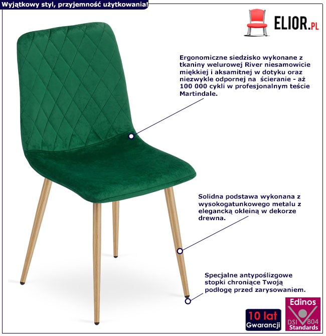 Ciemnozielone krzesło metalowe welurowe do jadalni Orinos 3X
