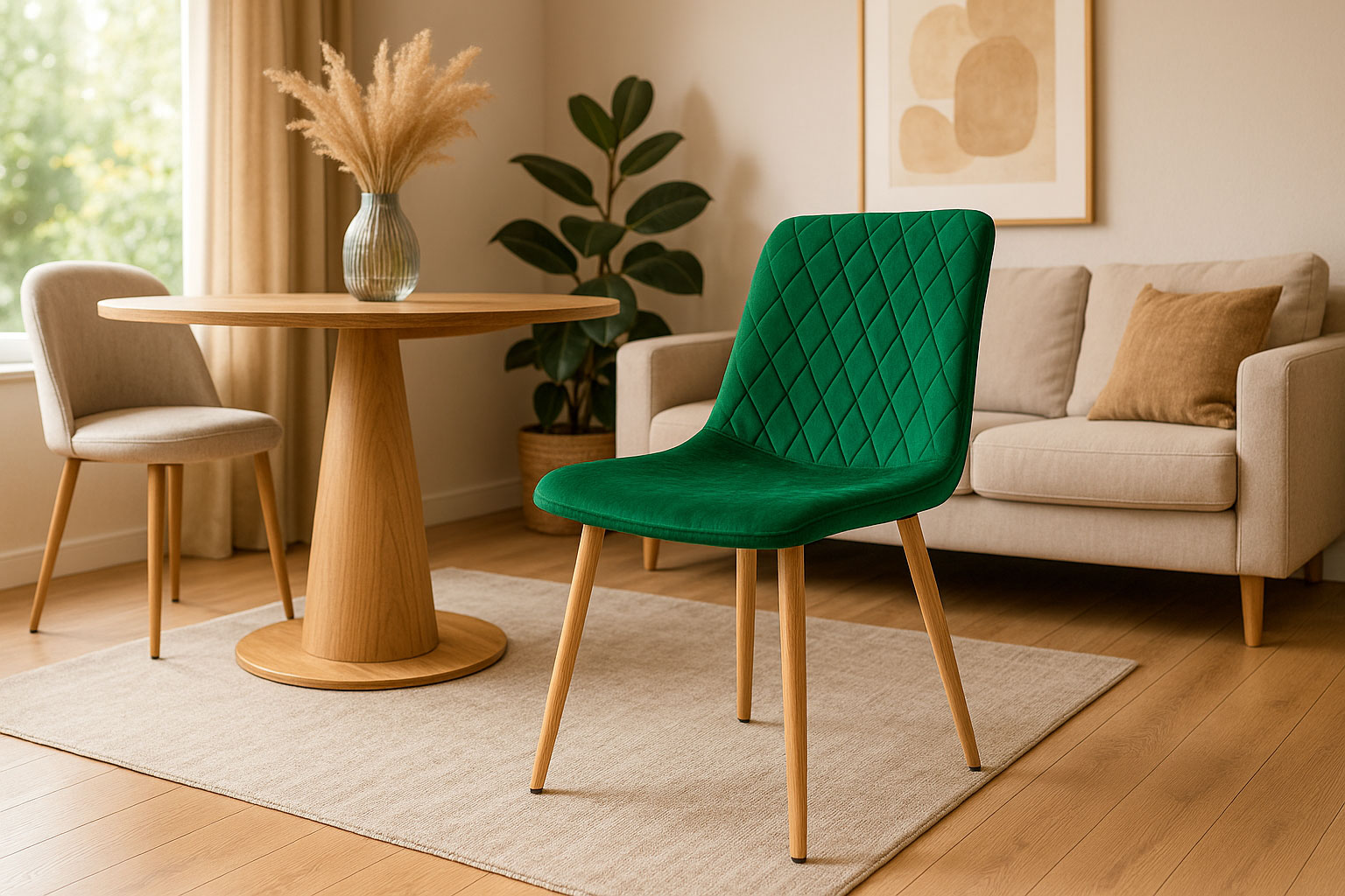 Salon z ciemnozielonym krzesłem tapicerowanym do stołu Orinos 3X