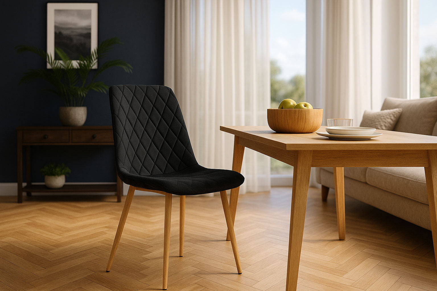 Salon z czarnym krzesłem tapicerowanym do stołu Orinos 3X