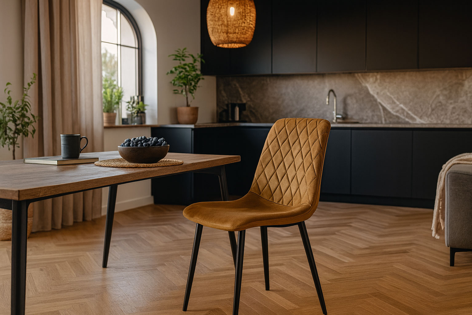 Salon z brązowym pikowanym krzesłem metalowym Orinos 4X