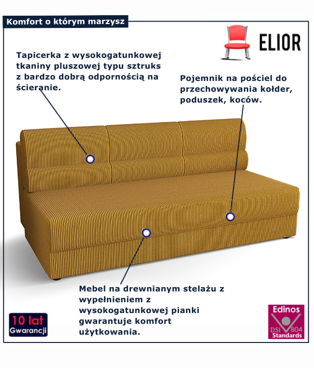 Tapicerowana rozkładana sofa w kolorze musztardowym Aurevo
