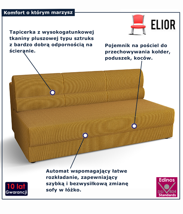 Tapicerowana rozkładana sofa w kolorze musztardowym Aurevo