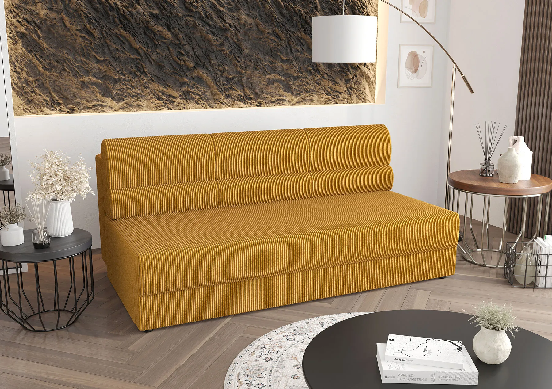 Wizualizacja wnętrza z musztardową sofą Almoria