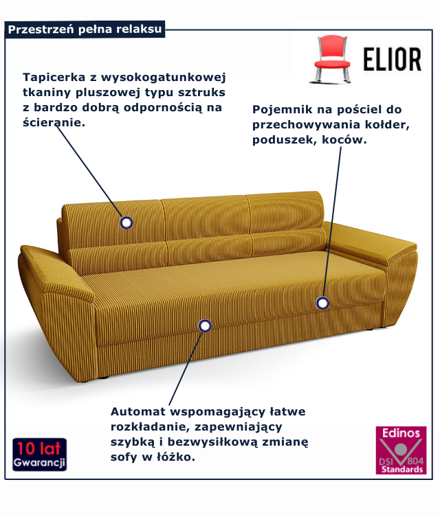 Tapicerowana rozkładana sofa musztardowa Cortero