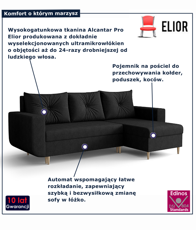 Tapicerowana rozkładana sofa w kolorze czarnym Neravo
