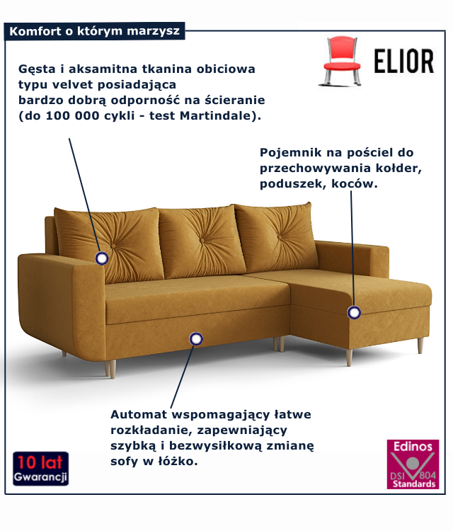 Tapicerowana rozkładana sofa w kolorze musztardowym Neravo