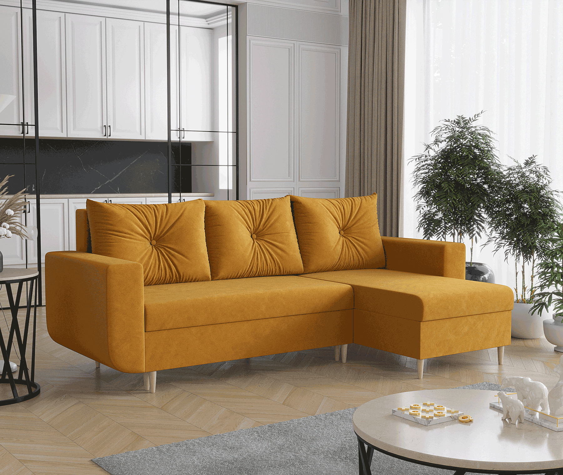 Wizualizacja wnętrza z musztardowym narożnikiem Neravo