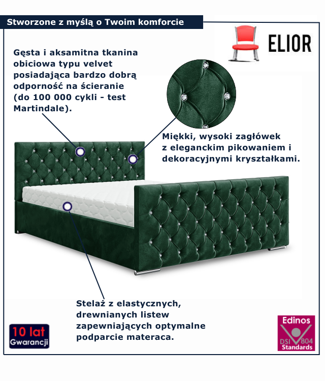 Ciemnozielone pikowane łóżko welurowe Valmiro