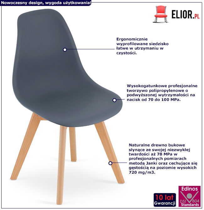 Ciemnoszare krzesło kuchenne na drewnianych nogach Pipi 4X