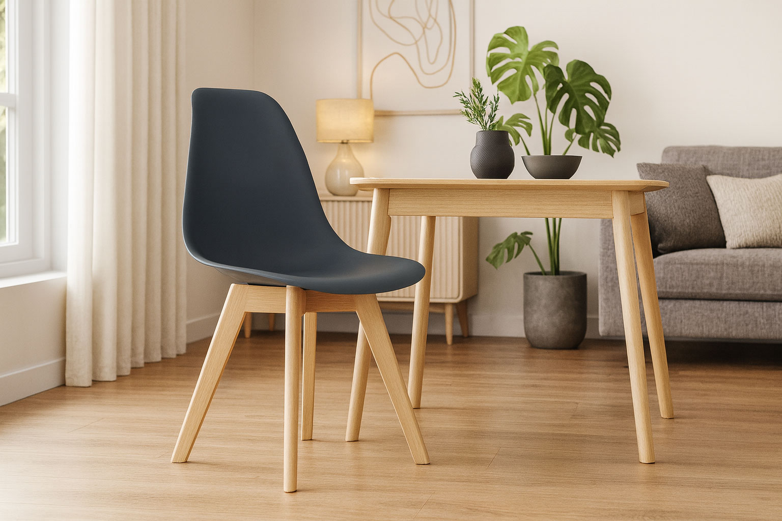 Salon z ciemnoszarym krzesłem z kompletu Pipi