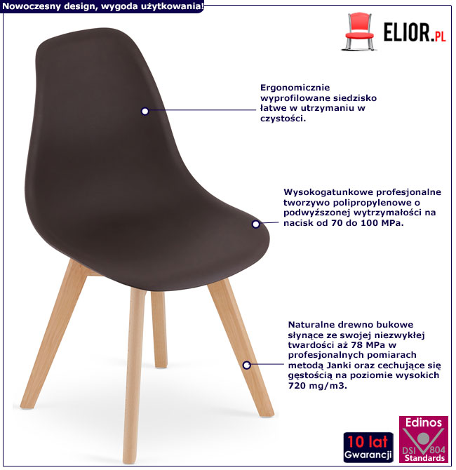 Brązowe krzesło z zestawu 4 krzeseł skandynawskich do jadalni Pipi