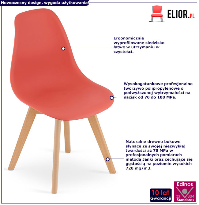 Pomarańczowe krzesło na drewnianych nogach do kuchni Pipi 4X cynober