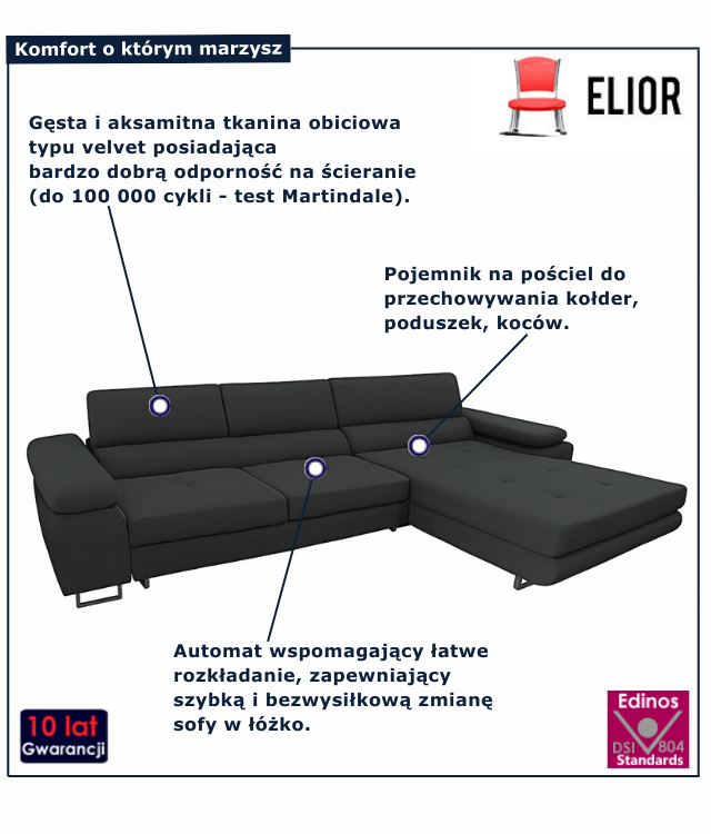 Tapicerowana rozkładana sofa w kolorze ciemnoszarym Grenvo
