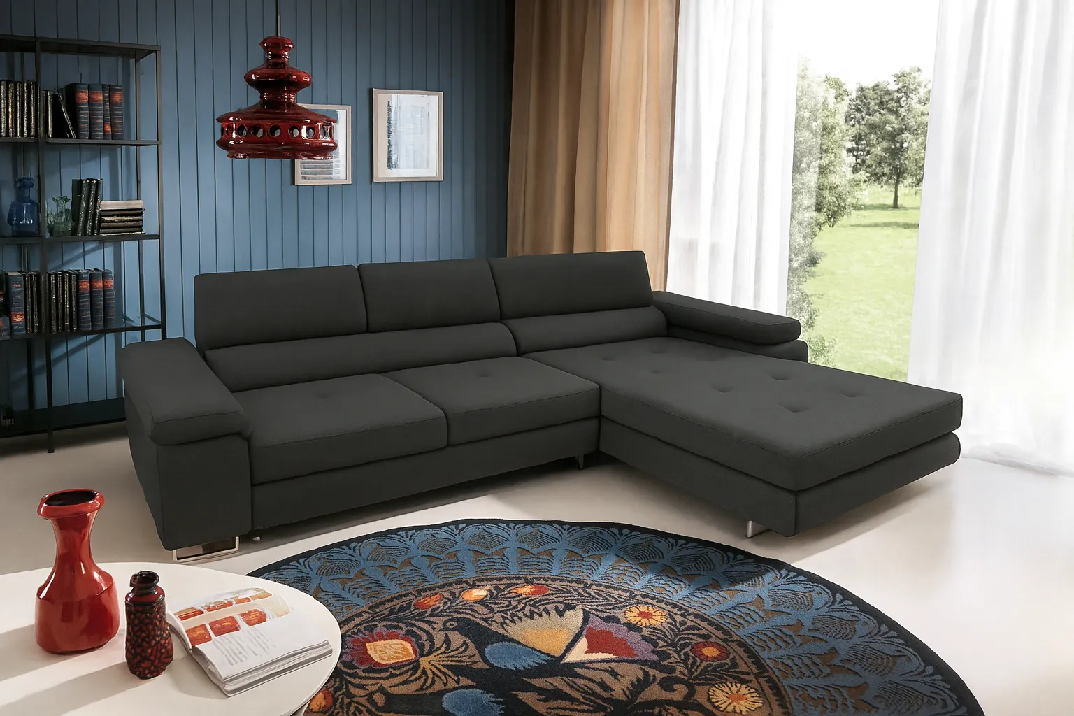 Wizualizacja wnętrza z ciemnoszarym narożnikiem