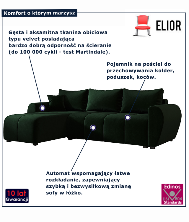 Ciemnozielony narożnik z funkcją spania Velmores 4X