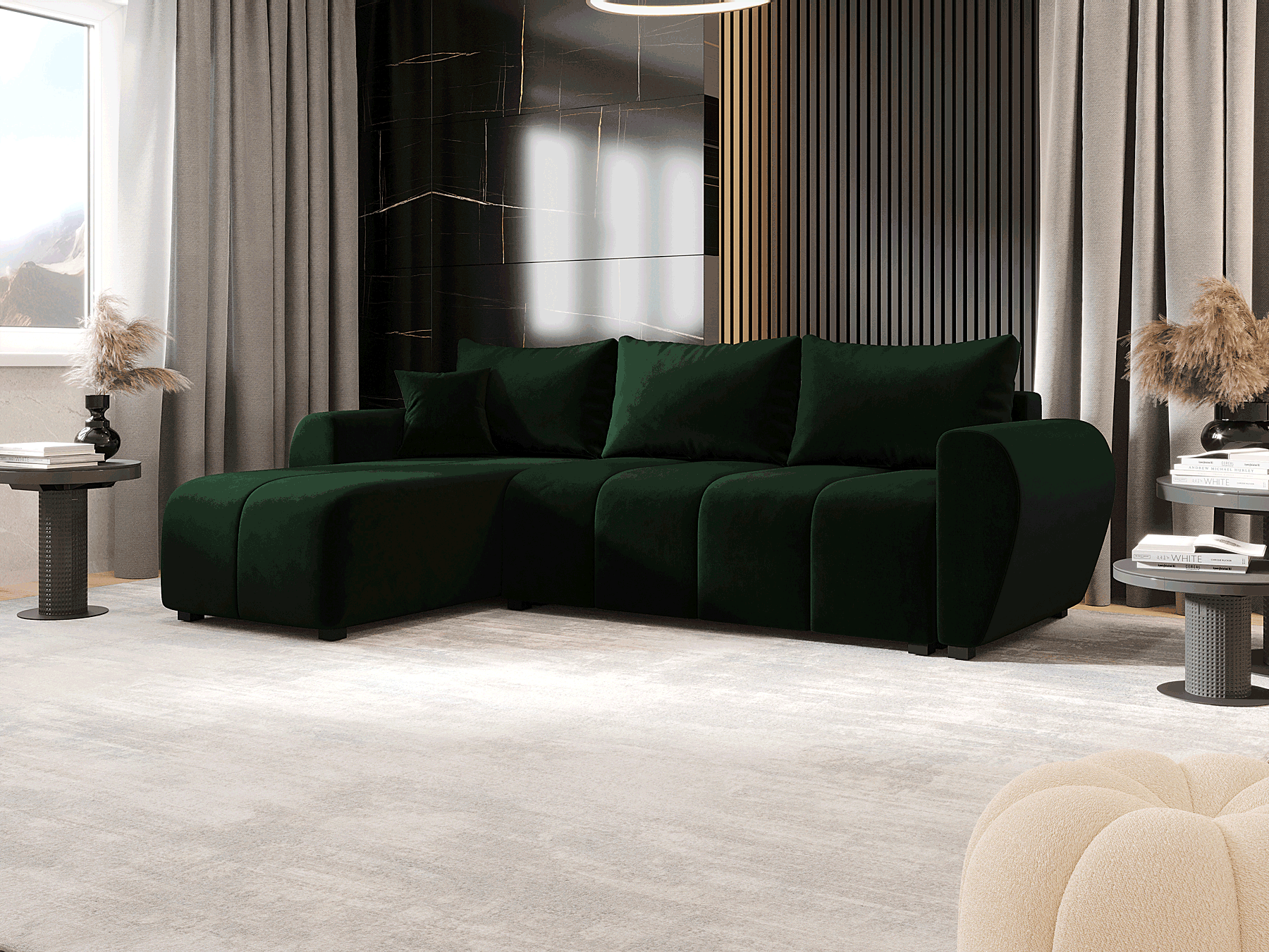 Wizualizacja wnętrza z ciemnozielony narożnikiem Velmores 4X