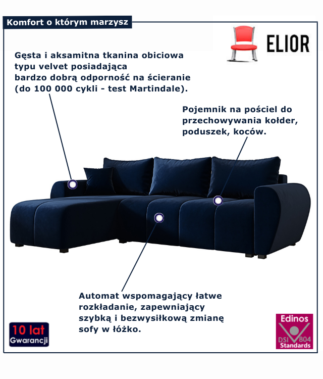 Granatowy narożnik z funkcją spania Velmores 4X