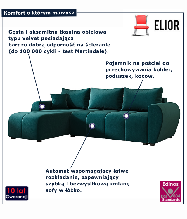 Narożnik z funkcją spania w kolorze morskim Velmores 4X