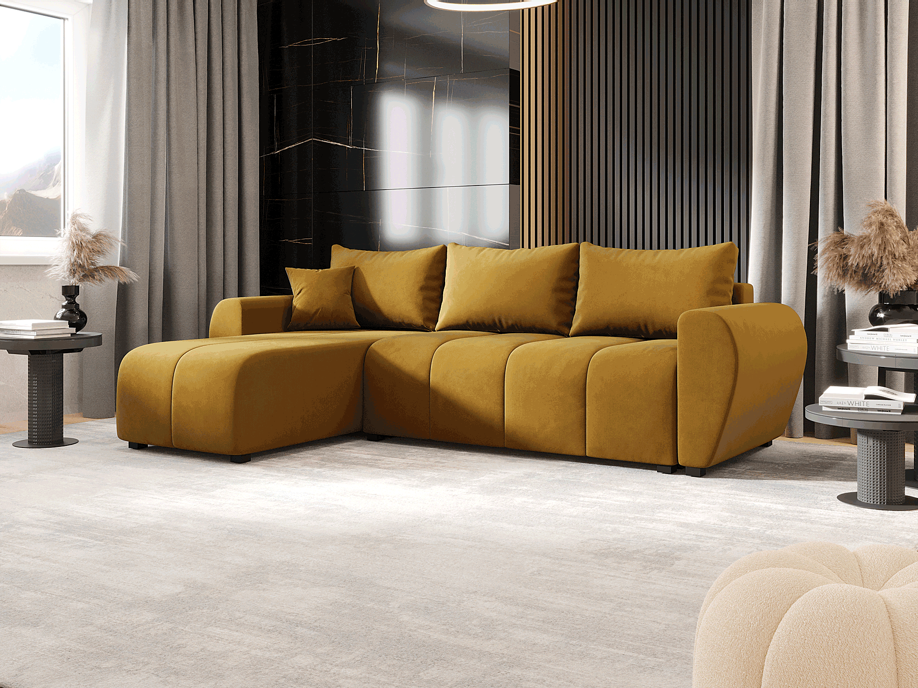 Wizualizacja wnętrza z musztardowym narożnikiem Velmores 4X