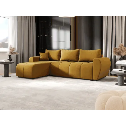 Wizualizacja wnętrza z musztardowym narożnikiem Velmores 4x