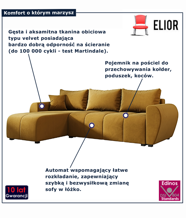 Narożnik z funkcją spania w kolorze musztardowym Velmores 4X