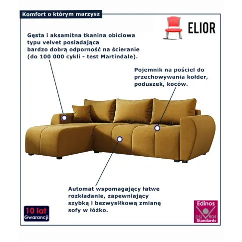 Narożnik z funkcją spania Velmores 4X musztardowy