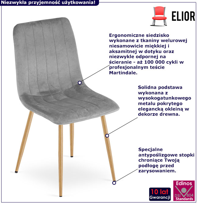 Jasnoszare krzesło z kompletu 4 krzeseł welurowych Hallker 3S