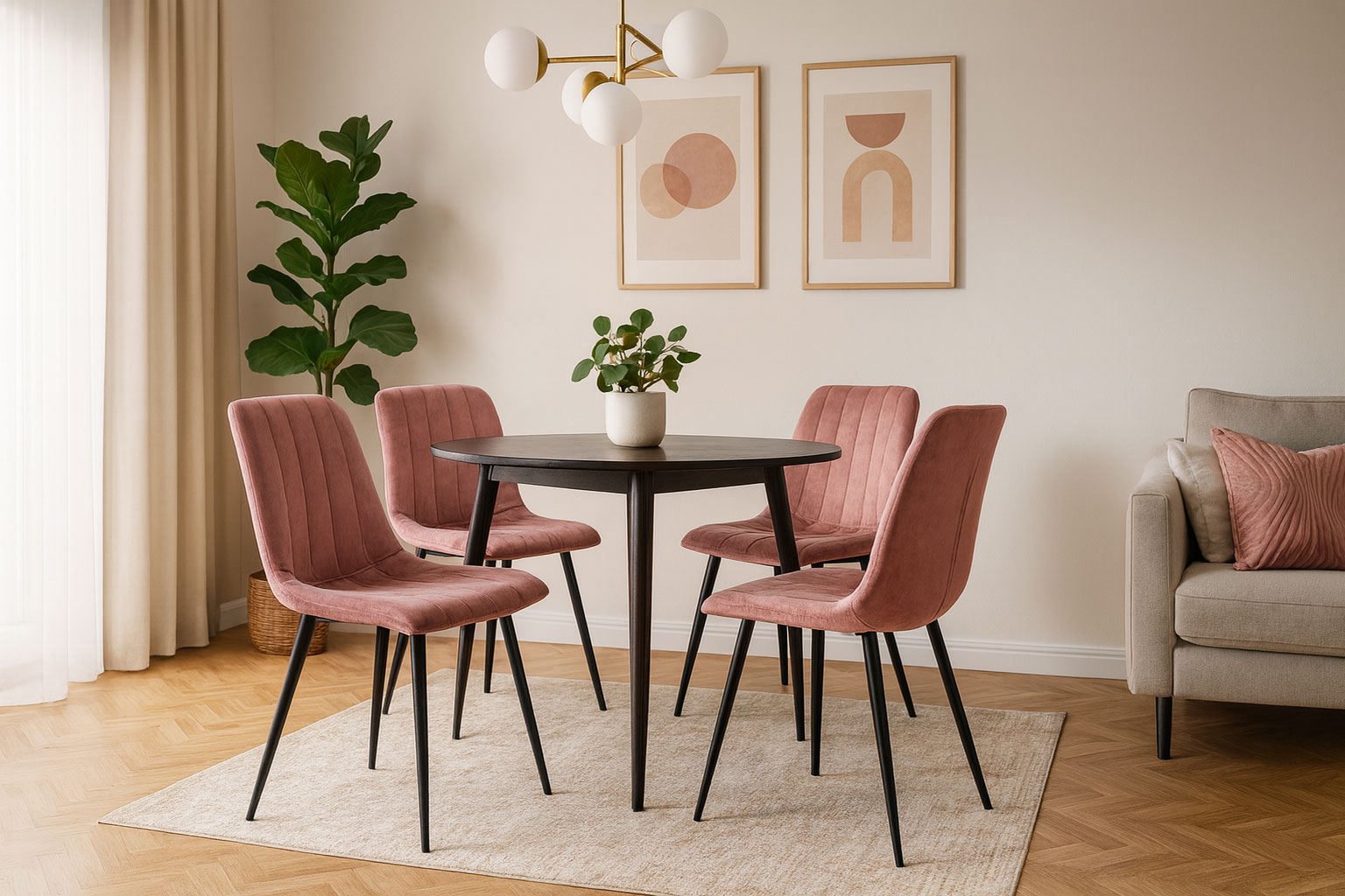 Wnętrze z wykorzystaniem kompletu krzeseł Hallker róż