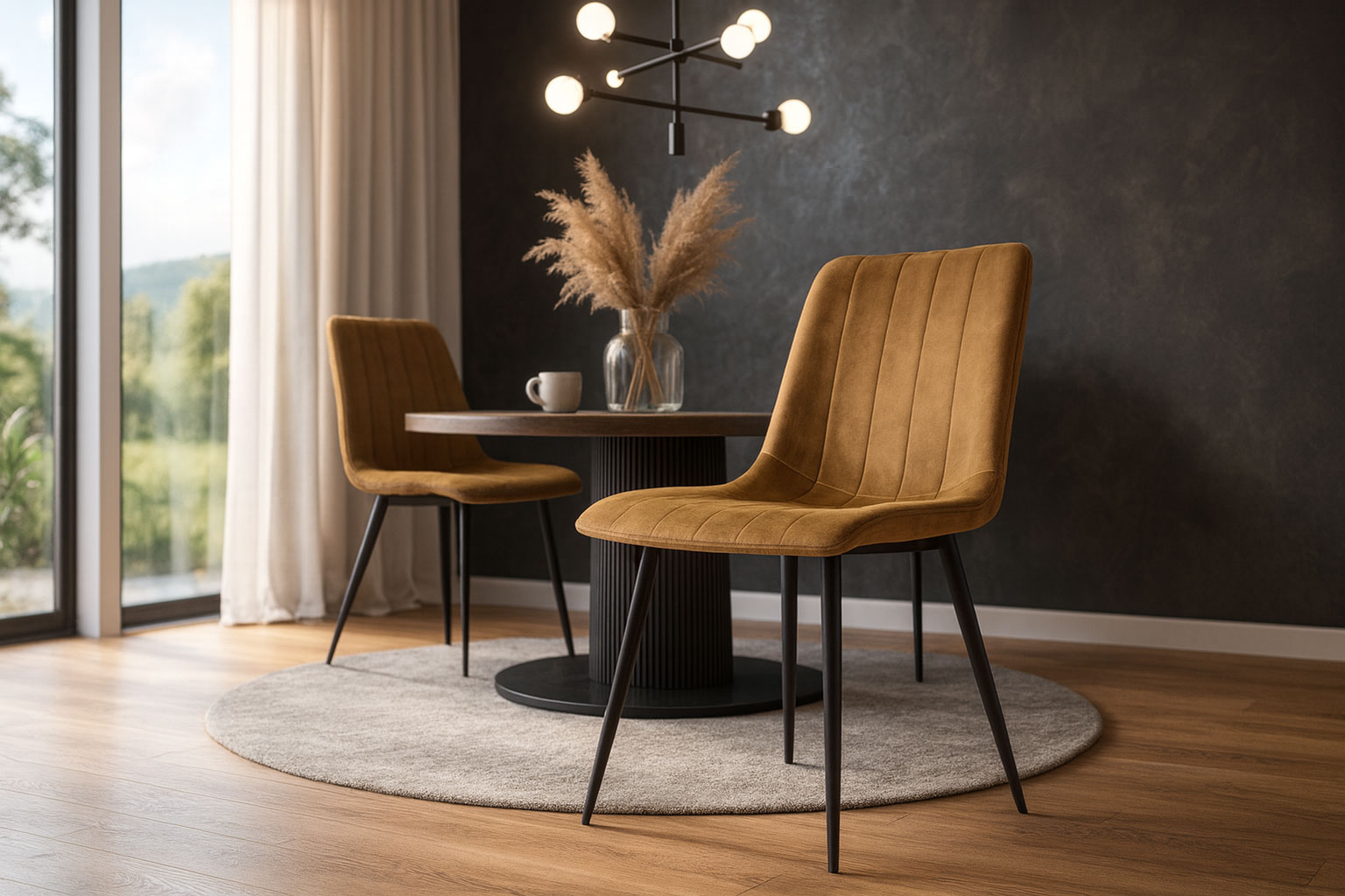 Wnętrze z wykorzystaniem brązowego welurowego krzesła Hallker 4X