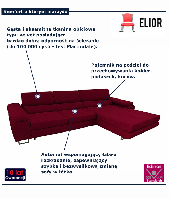 Tapicerowana rozkładana sofa w kolorze czerwonym Grenvo