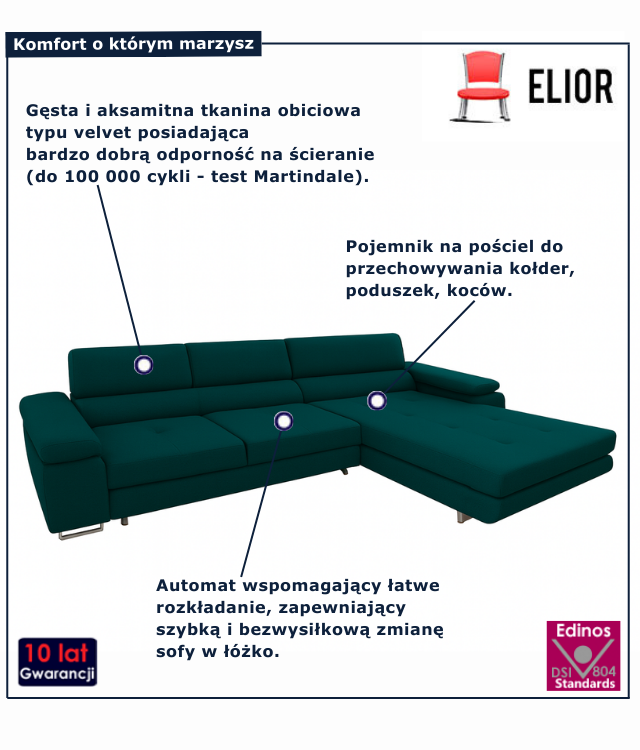 Tapicerowana rozkładana sofa w kolorze morskim Grenvo
