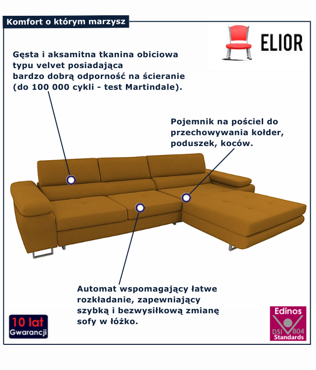 Tapicerowana rozkładana sofa w kolorze musztardowym Grenvo