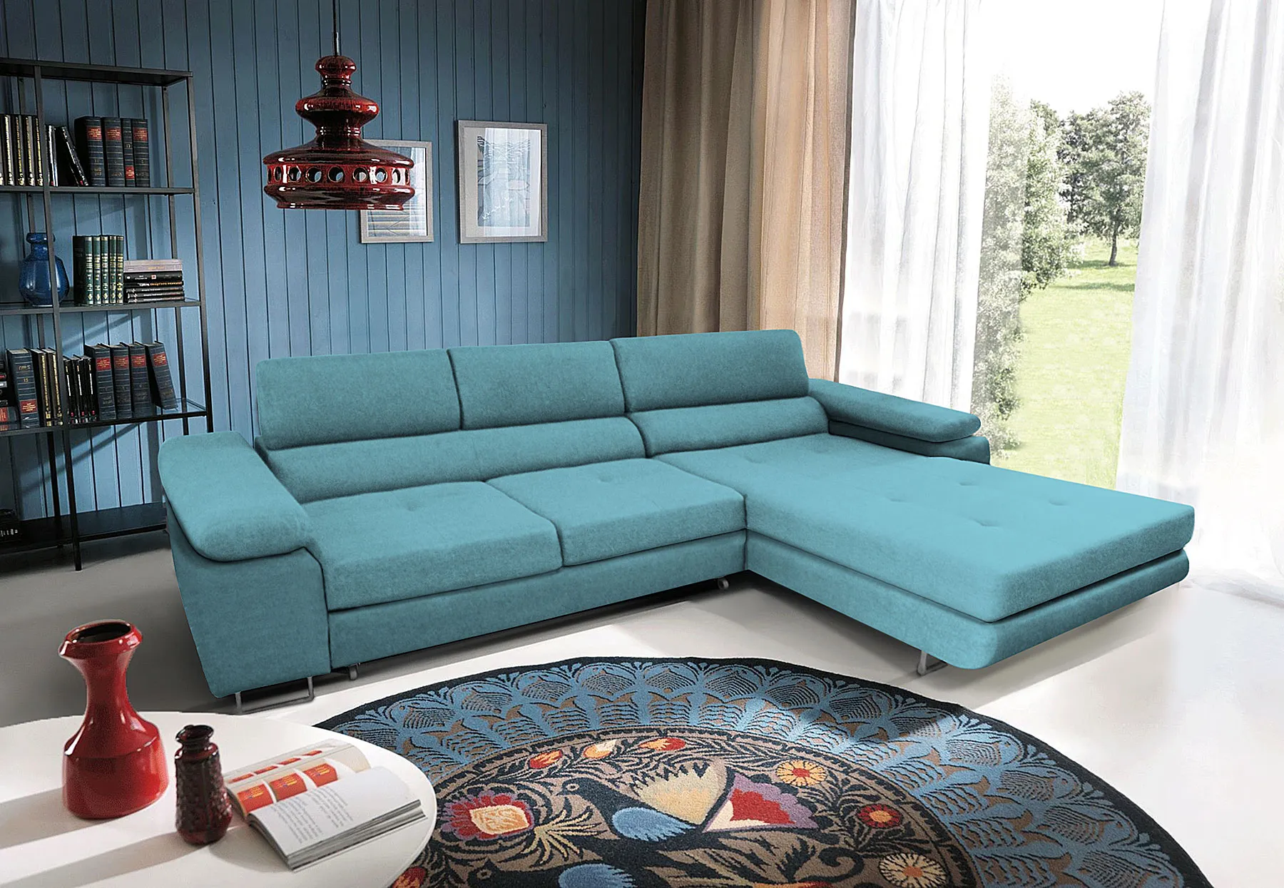 Wizualizacja wnętrza z niebieskim narożnikiem