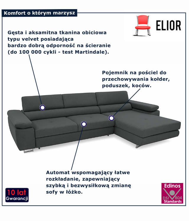 Tapicerowana rozkładana sofa w kolorze ciemnoszarym Grenvo