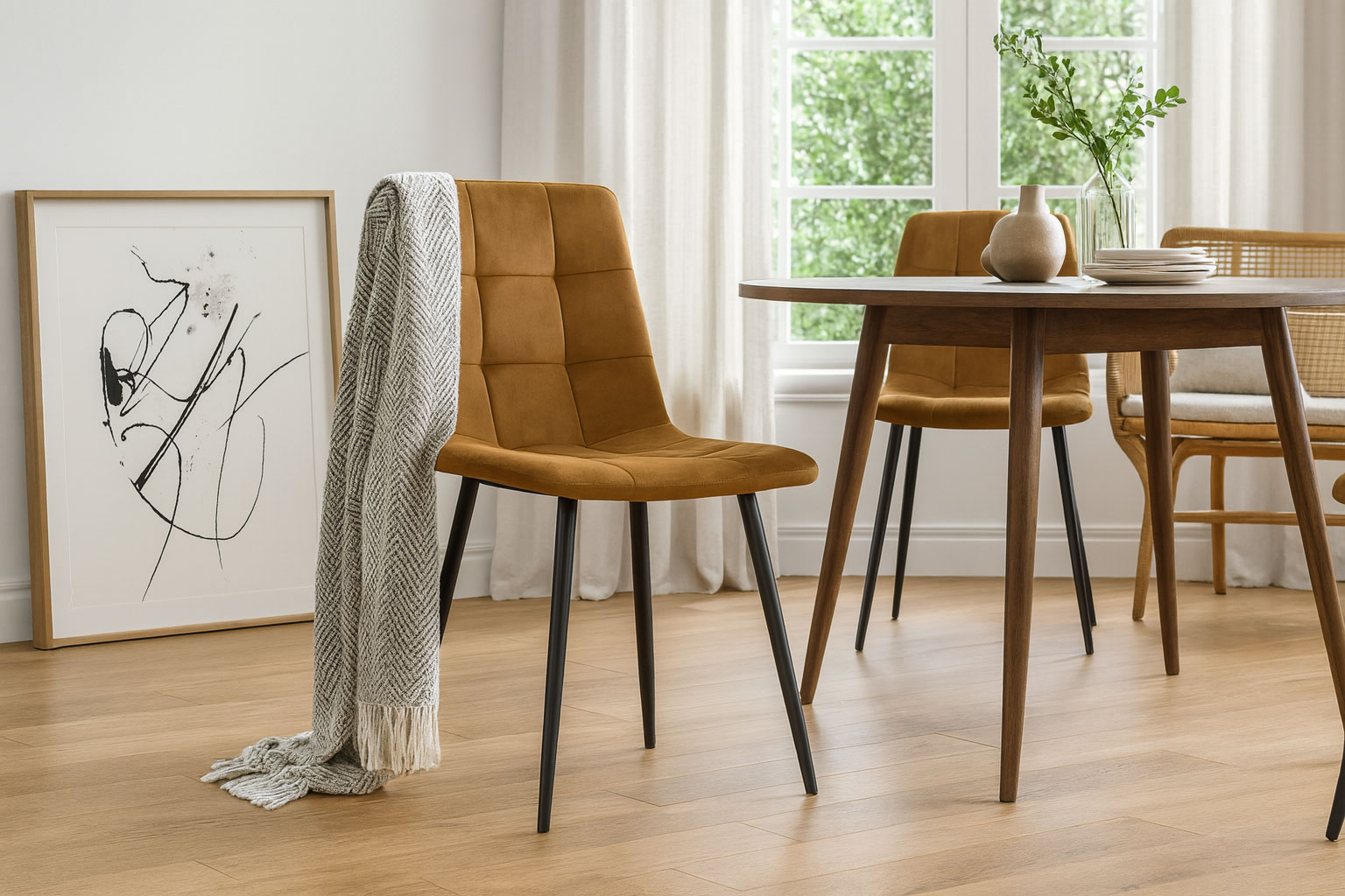 Przykładowa aranżacja z brązowym krzesłem z kompletu Besti w nowoczesnym salonie